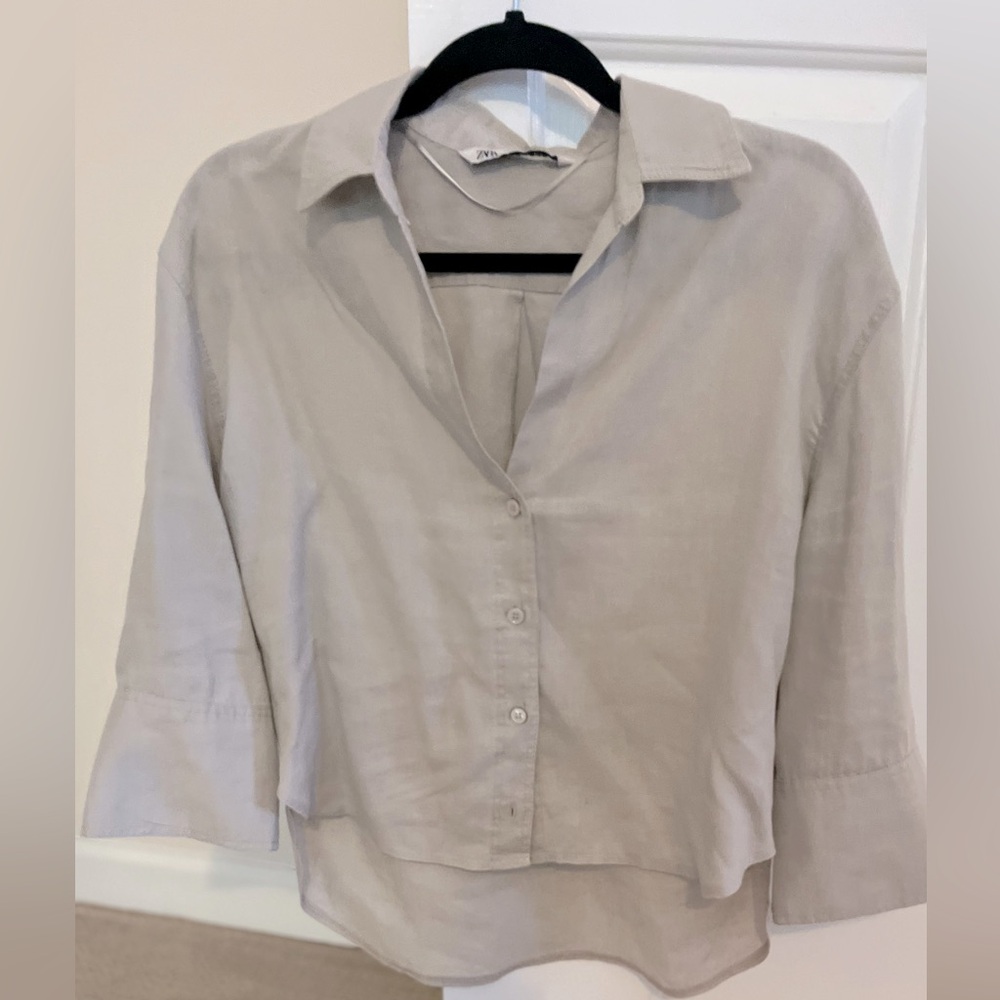 Zara Taupe Gray XS oversized linen boxy cropped button down